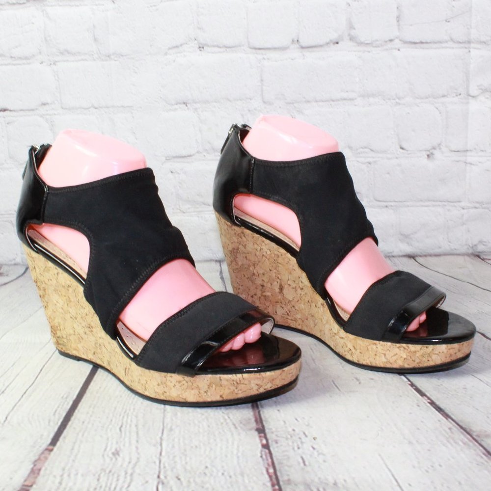 Adrienne Vittadini Chelle Black Back Zip Cork Wedge Heel Platform Sandals US 9 M - Picture 3 of 9